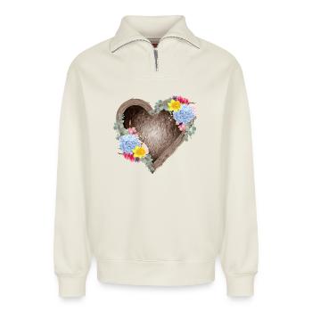 Herzförmiges Vogelnest mit Frühlingsblüten - Relaxed Unisex Organic Half Zip Sweatshirt – von SPREAD - Naturweiß - Vorne