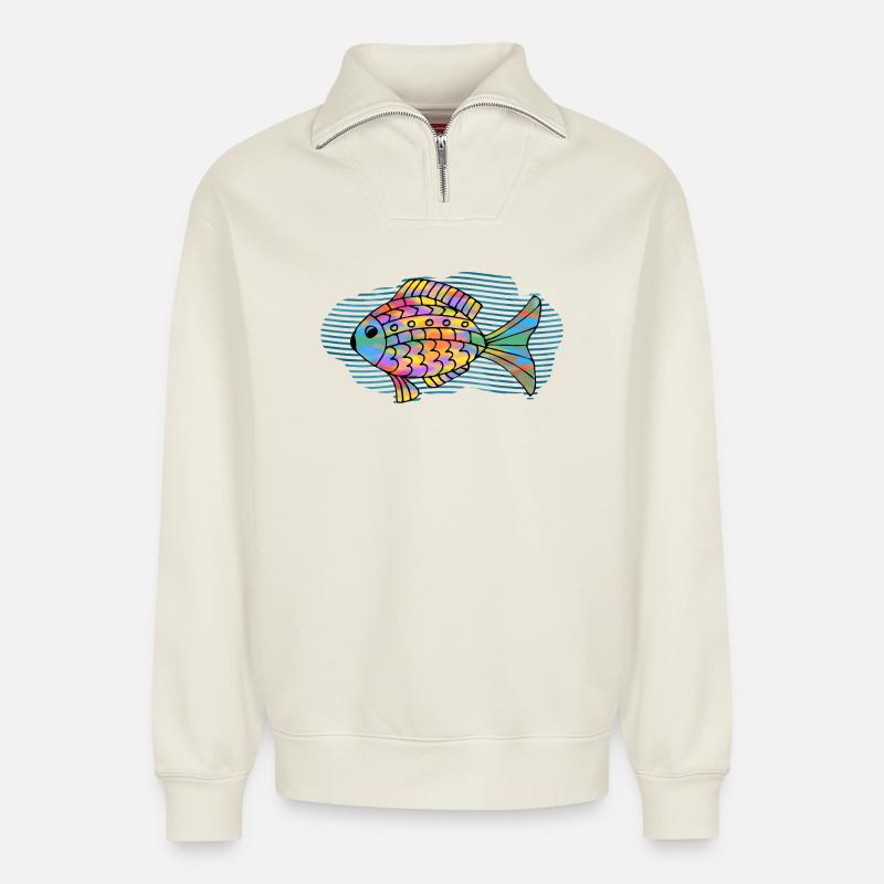 fish - Relaxed Unisex Organic Half Zip Sweatshirt – by SPREAD - off white