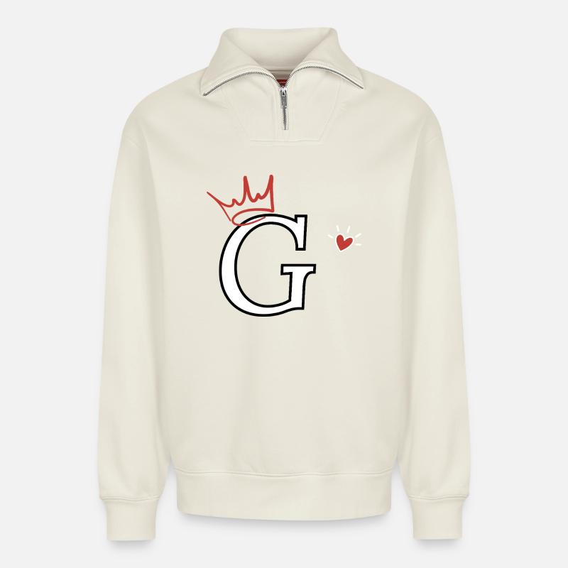 Buchstabe g Kronenherz - Relaxed Unisex Organic Half Zip Sweatshirt – von SPREAD - Naturweiß