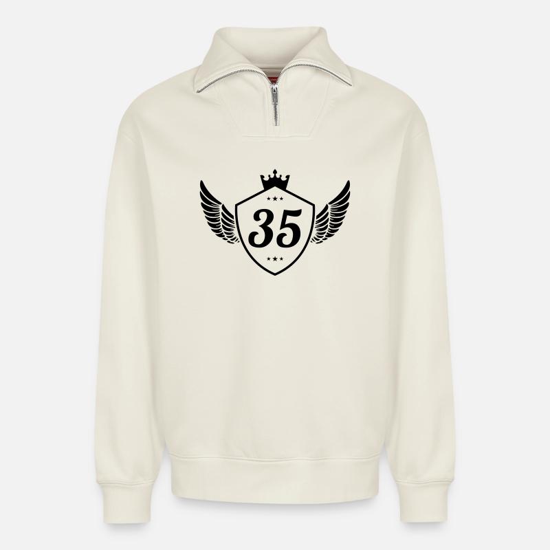 35 Wappen - Relaxed Unisex Organic Half Zip Sweatshirt – von SPREAD - Naturweiß