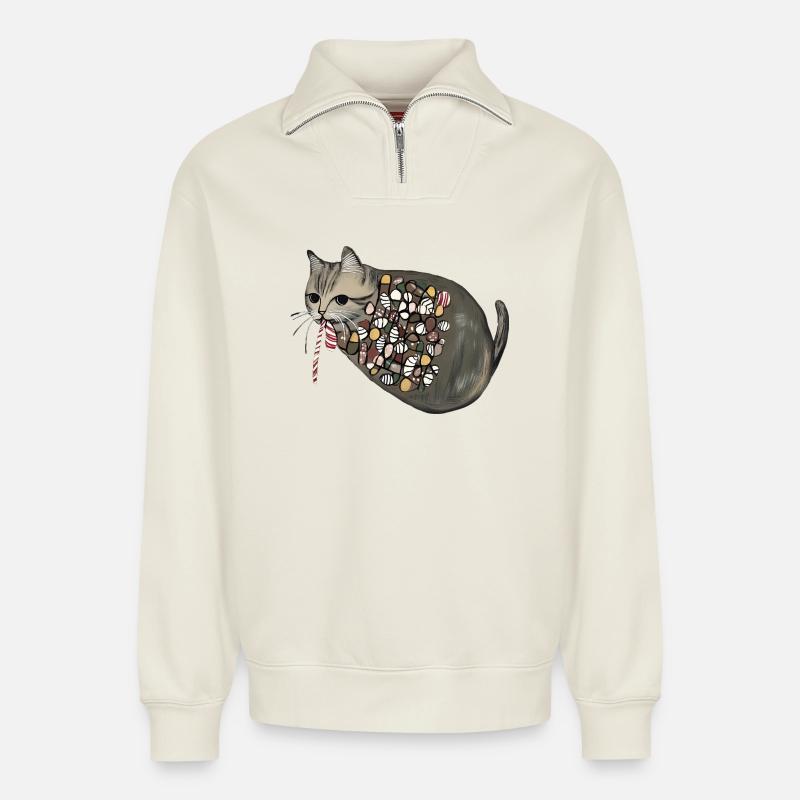 Candy Pattern Candy Cat - Relaxed Unisex Organic Half Zip Sweatshirt – by SPREAD - off white