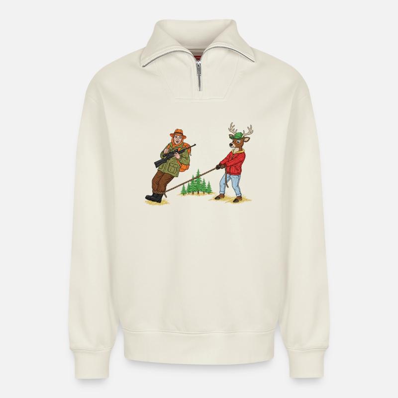 Waldschlepper-Duo: Jäger & Hirsch - Relaxed Unisex Organic Half Zip Sweatshirt – von SPREAD - Naturweiß