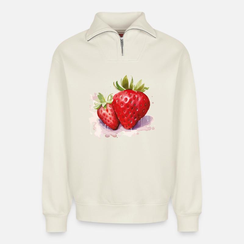 Wasserfarben Erdbeeren - Relaxed Unisex Organic Half Zip Sweatshirt – von SPREAD - Naturweiß