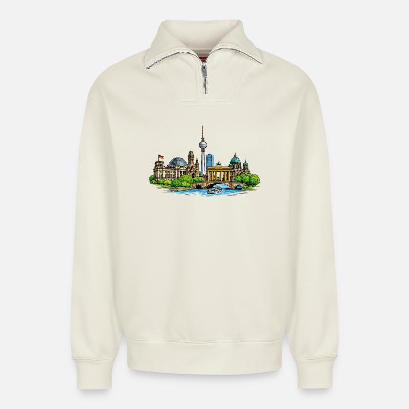 Berliner Skyline - Relaxed Unisex Organic Half Zip Sweatshirt – von SPREAD - Naturweiß
