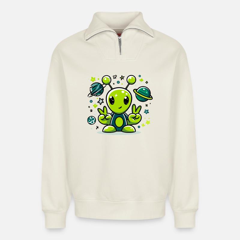 Extraterrestre vert dans l’espace - Sweat unisexe décontracté en coton biologique à demi-zip – de SPREAD - blanc cassé