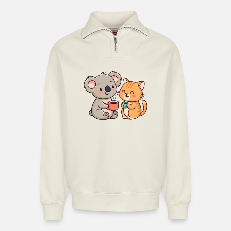 Freundschaft, Kaffee, Koala und Katze - Relaxed Unisex Organic Half Zip Sweatshirt – von SPREAD - Naturweiß
