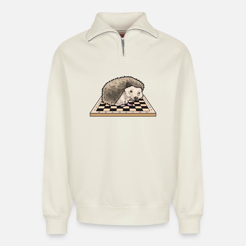 Jeu d’échecs Échiquier Hérisson - Sweat unisexe décontracté en coton biologique à demi-zip – de SPREAD - blanc cassé