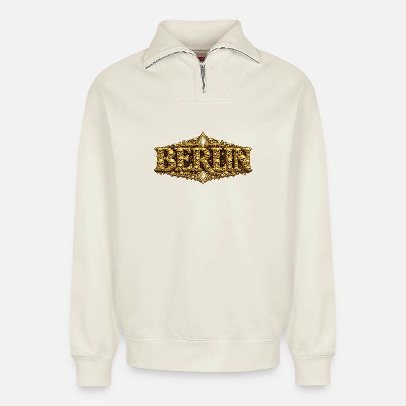 Barocker BERLIN mit Totenschädel - Relaxed Unisex Organic Half Zip Sweatshirt – von SPREAD - Naturweiß