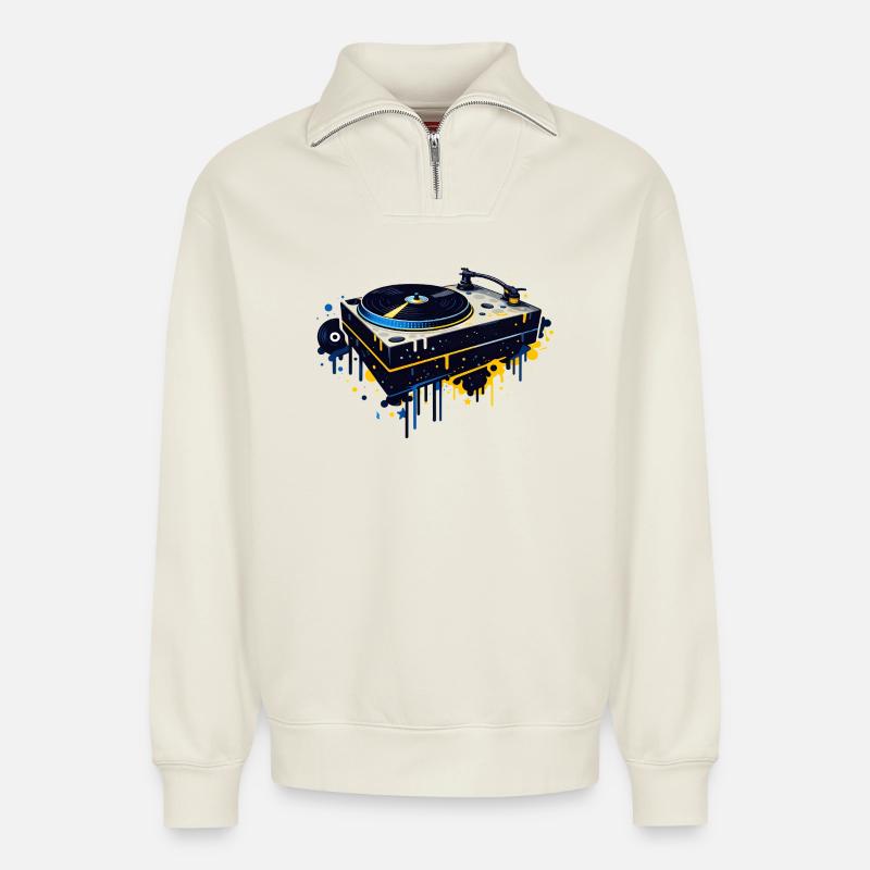 Graffiti Plattenspieler Design - Relaxed Unisex Organic Half Zip Sweatshirt – von SPREAD - Naturweiß