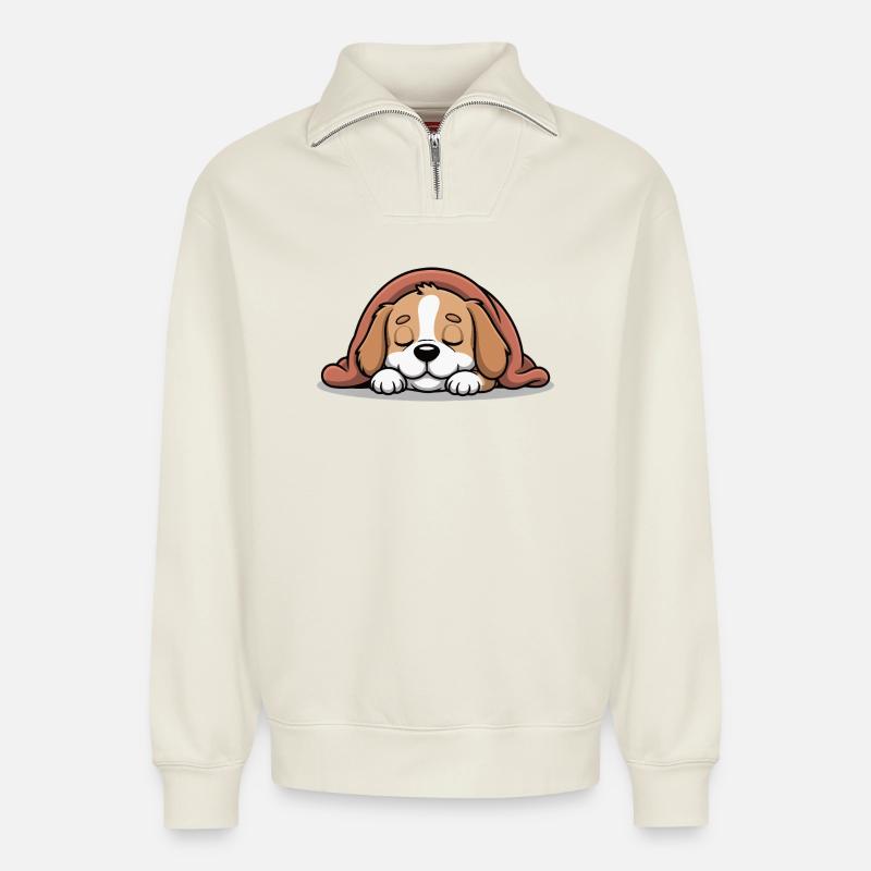 Schlafendes Beagle Kuscheltier - Relaxed Unisex Organic Half Zip Sweatshirt – von SPREAD - Naturweiß