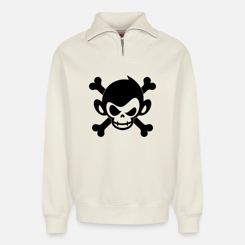 Skull Monkey Pirate Icon - Relaxed Unisex Organic Half Zip Sweatshirt – by SPREAD - off white