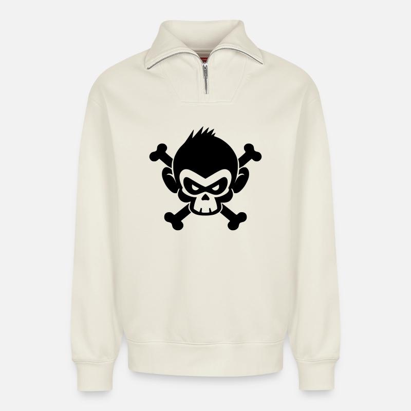 Skull monkey with crossed bones - Relaxed Unisex Organic Half Zip Sweatshirt – by SPREAD - off white