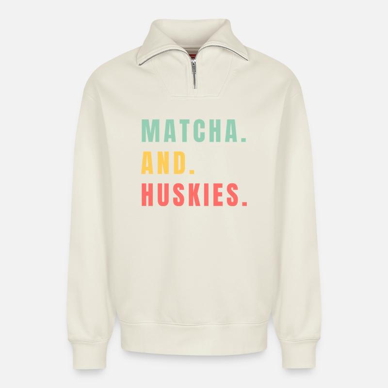 MATCHA UND HUSKIES - Relaxed Unisex Organic Half Zip Sweatshirt – von SPREAD - Naturweiß