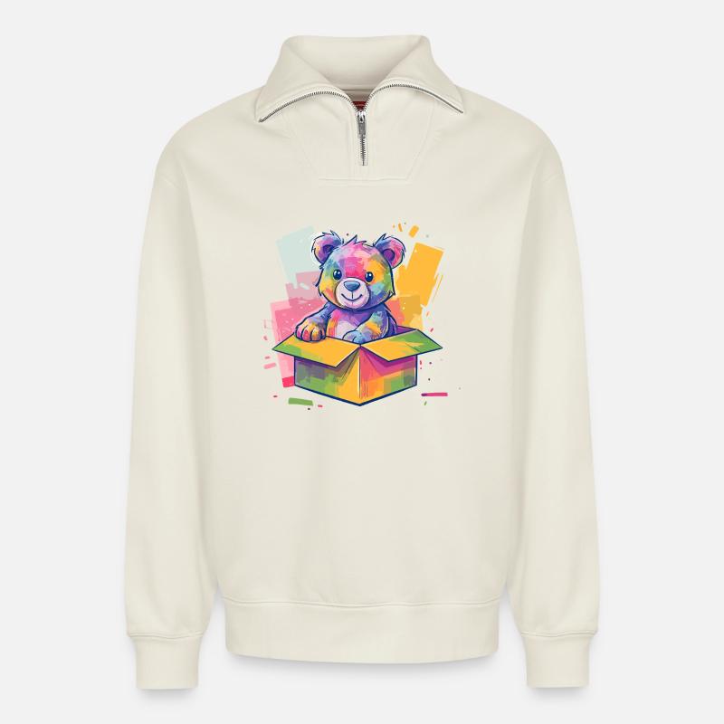 Regenbogenbär im Karton - Relaxed Unisex Organic Half Zip Sweatshirt – von SPREAD - Naturweiß