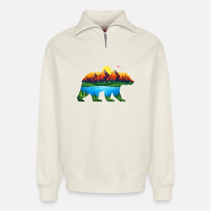 Geometrischer Bergbär Landschaft - Relaxed Unisex Organic Half Zip Sweatshirt – von SPREAD - Naturweiß