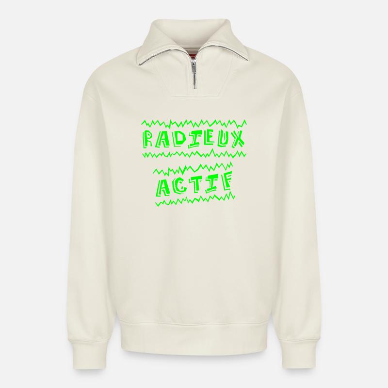 GOODBYE ACTIVE! (happiness) - Relaxed Unisex Organic Half Zip Sweatshirt – by SPREAD - off white
