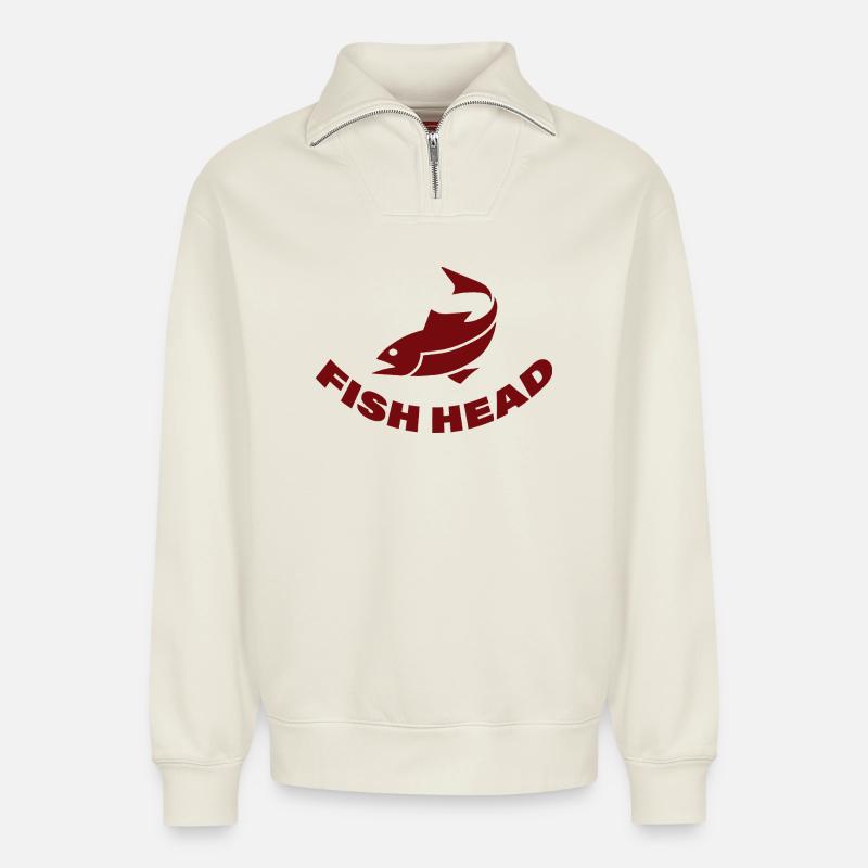 fish head - Relaxed Unisex Organic Half Zip Sweatshirt – by SPREAD - off white