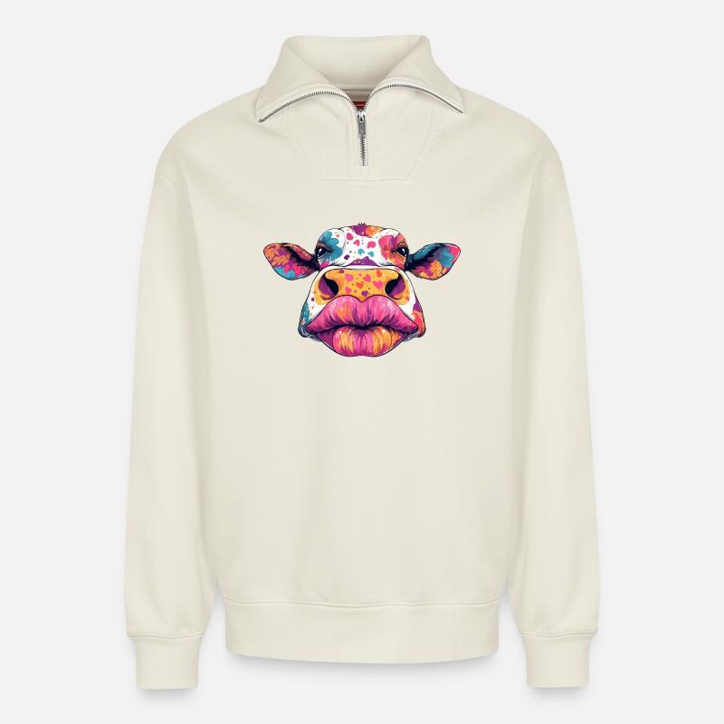 Bunte Kuh Pop Art - Relaxed Unisex Organic Half Zip Sweatshirt – von SPREAD - Naturweiß