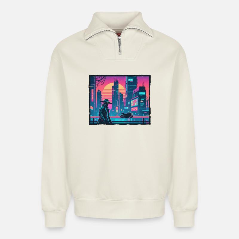 Retro Wave Tokyo Cyber - Relaxed Unisex Organic Half Zip Sweatshirt – von SPREAD - Naturweiß