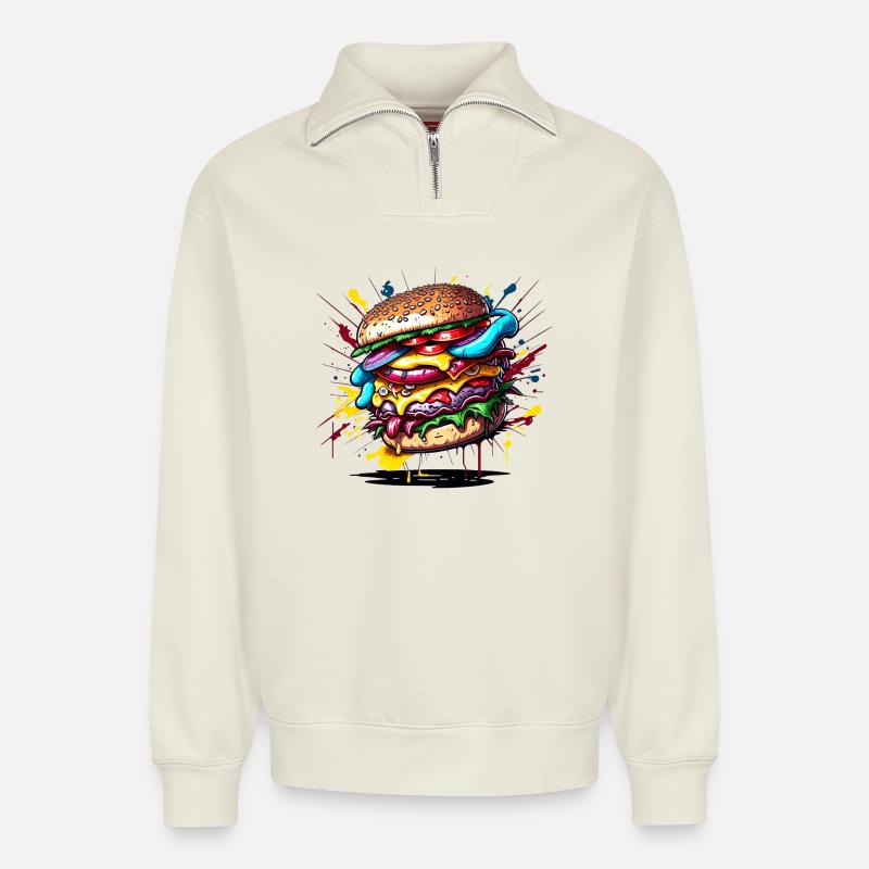 Hamburger Graffiti Farbexplosion - Relaxed Unisex Organic Half Zip Sweatshirt – von SPREAD - Naturweiß
