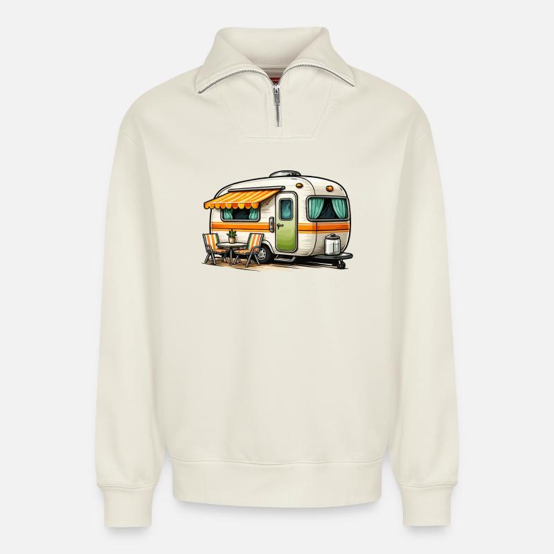Retro caravan camping magic - Relaxed Unisex Organic Half Zip Sweatshirt – by SPREAD - off white