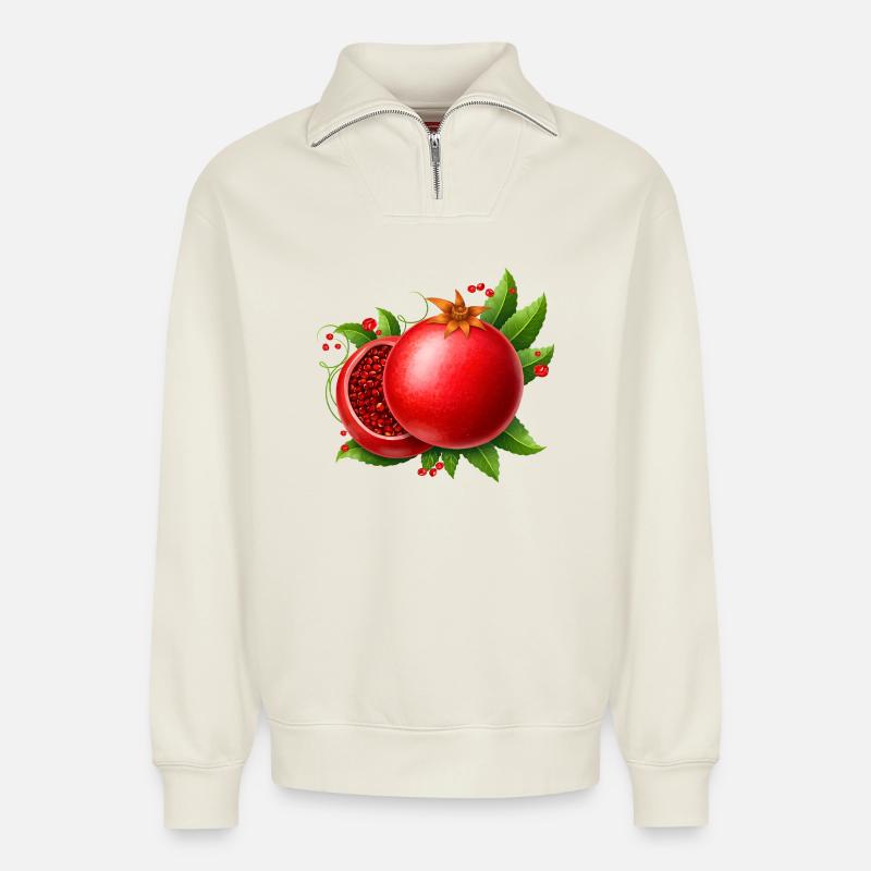 Granatapfel mit Blättern  - Relaxed Unisex Organic Half Zip Sweatshirt – von SPREAD - Naturweiß