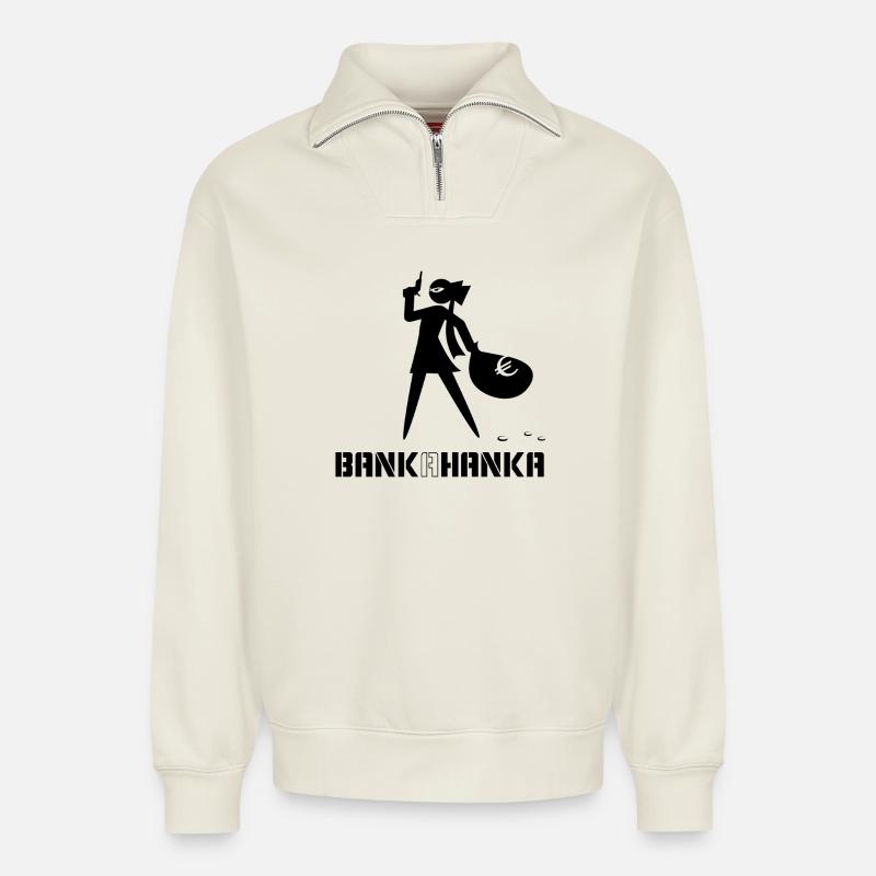 BANK A HANKA - black - - Relaxed Unisex Organic Half Zip Sweatshirt – von SPREAD - Naturweiß