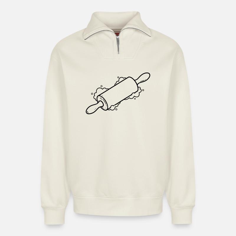Rolling Pin Baking Roll Flour Outline - Relaxed Unisex Organic Half Zip Sweatshirt – by SPREAD - off white