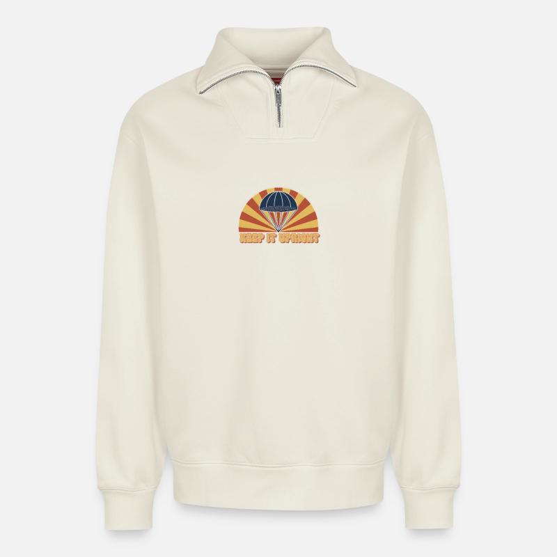 Bleiben Sie aufrecht Fallschirm-Sonnenstrahl - Relaxed Unisex Organic Half Zip Sweatshirt – von SPREAD - Naturweiß