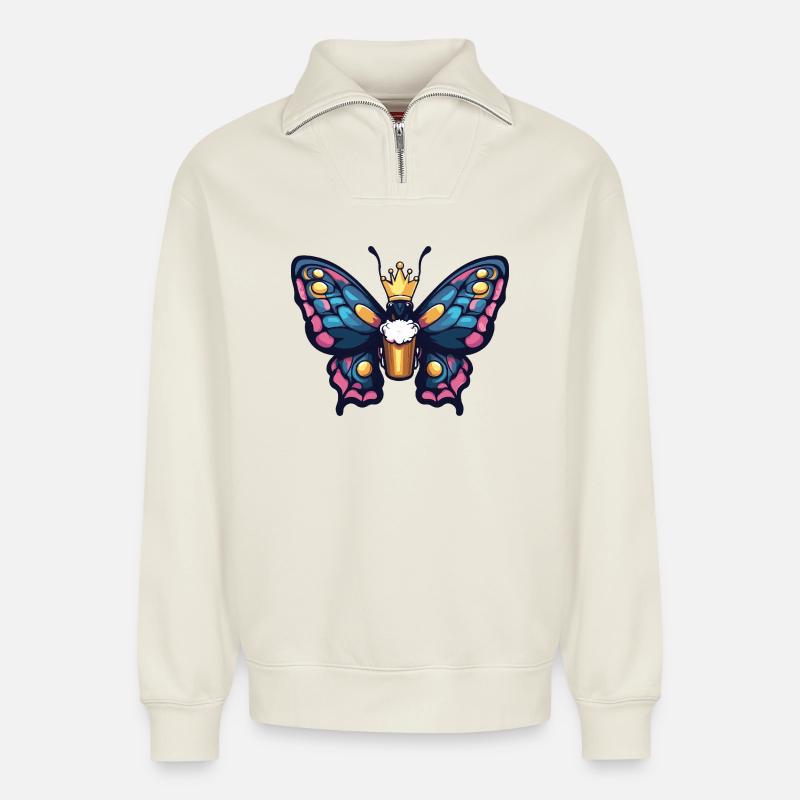 Schmetterling Bier König - Relaxed Unisex Organic Half Zip Sweatshirt – von SPREAD - Naturweiß
