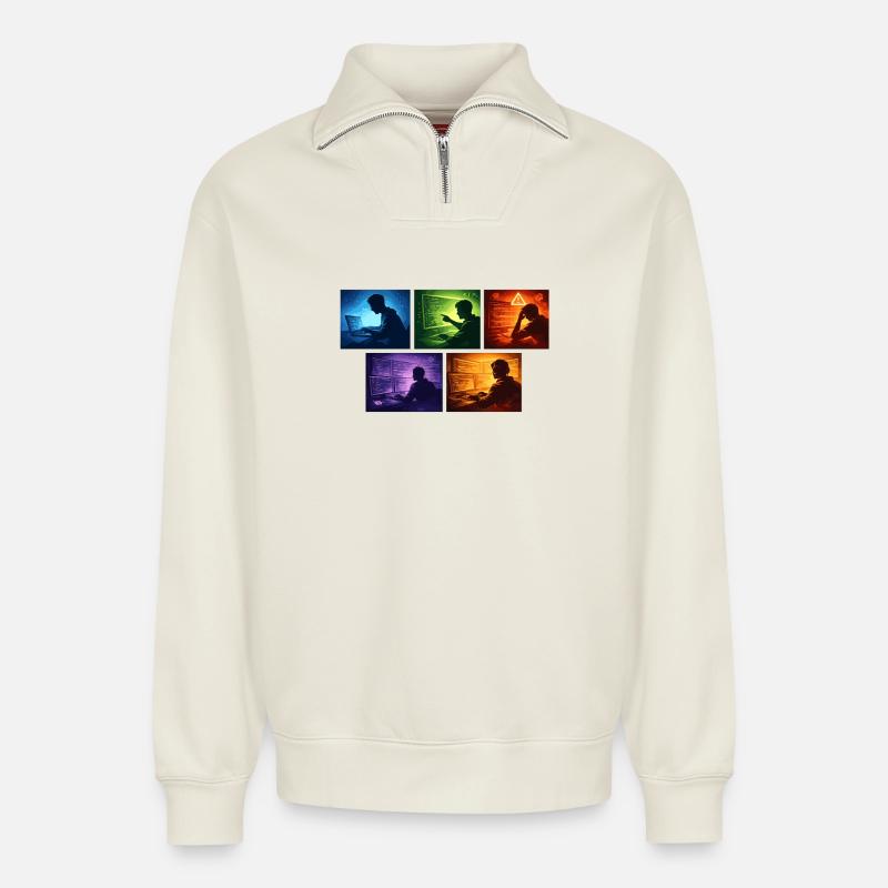 Neon Coding: Screen Worlds - Relaxed Unisex Organic Half Zip Sweatshirt – by SPREAD - off white
