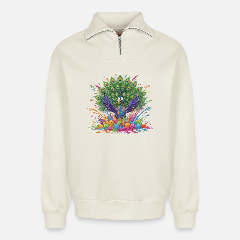 Pfau mit Farbschleuder-Panorama - Relaxed Unisex Organic Half Zip Sweatshirt – von SPREAD - Naturweiß