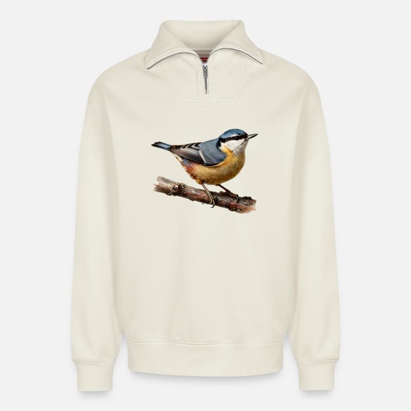 Nuthatch on branch - Relaxed Unisex Organic Half Zip Sweatshirt – by SPREAD - off white