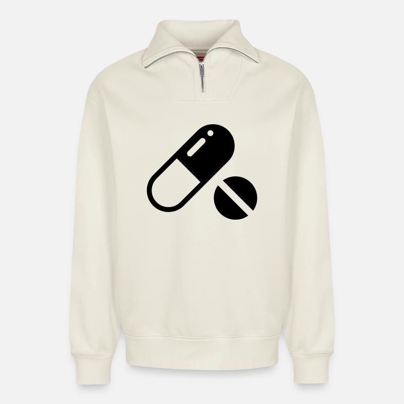 Pilules, pilules, comprimés, comprimés - Sweat unisexe décontracté en coton biologique à demi-zip – de SPREAD - blanc cassé
