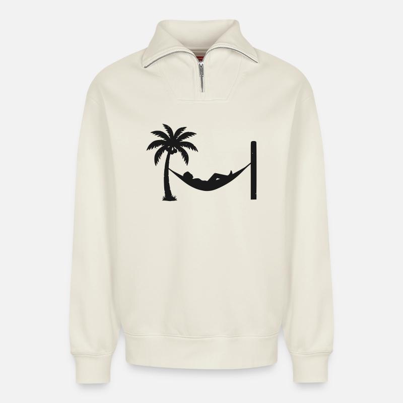 Hamac Palm Chill - Sweat unisexe décontracté en coton biologique à demi-zip – de SPREAD - blanc cassé