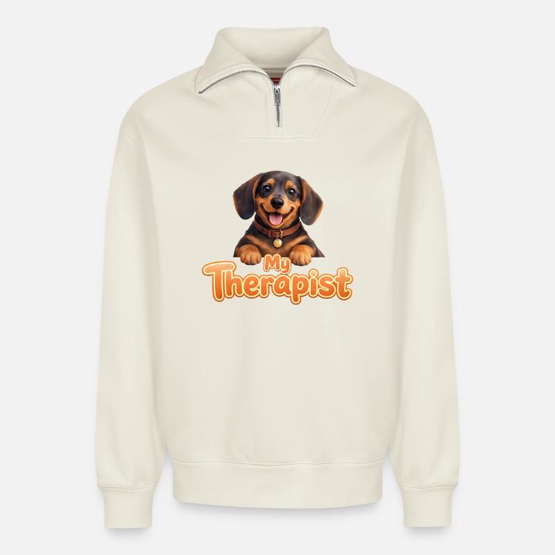 Dackel My Therapist - Relaxed Unisex Organic Half Zip Sweatshirt – von SPREAD - Naturweiß