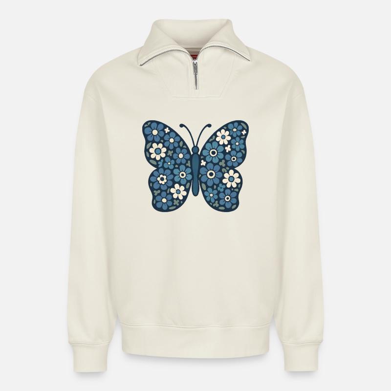 Blaublüten Schmetterling Floral - Relaxed Unisex Organic Half Zip Sweatshirt – von SPREAD - Naturweiß