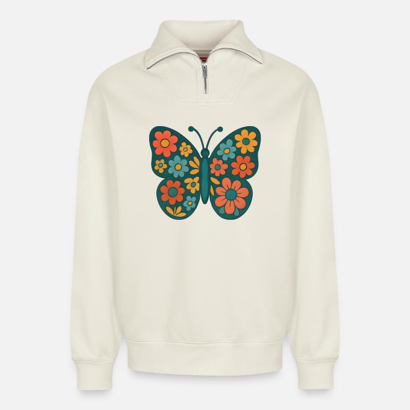 Blumenbunt-Schmetterling - Relaxed Unisex Organic Half Zip Sweatshirt – von SPREAD - Naturweiß