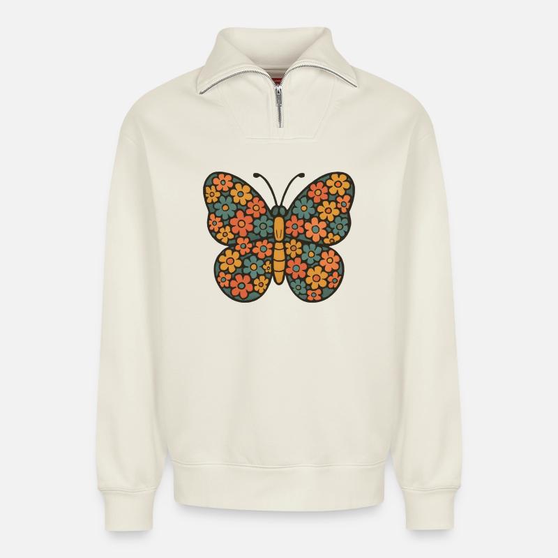 Blütenfalter Muster - Relaxed Unisex Organic Half Zip Sweatshirt – von SPREAD - Naturweiß