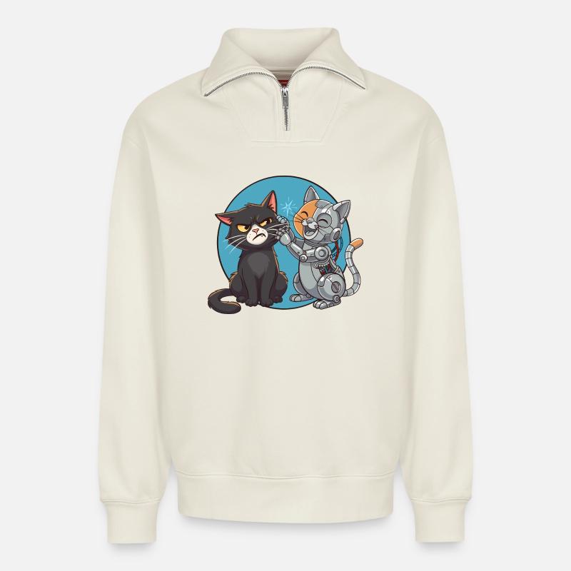 Chat et robot  - Sweat unisexe décontracté en coton biologique à demi-zip – de SPREAD - blanc cassé