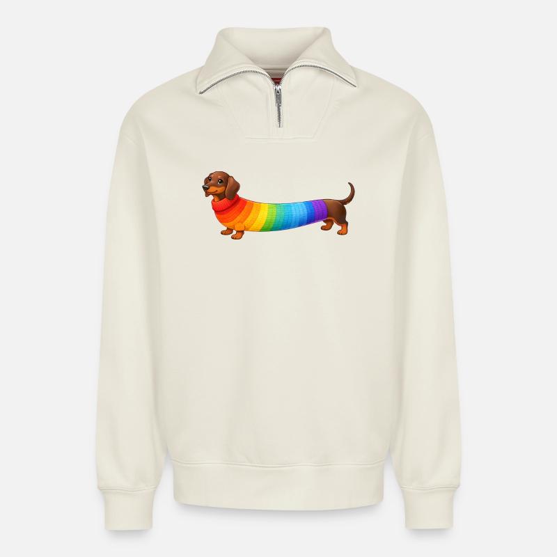 Dackel mit Regenbogen Pullover - Relaxed Unisex Organic Half Zip Sweatshirt – von SPREAD - Naturweiß