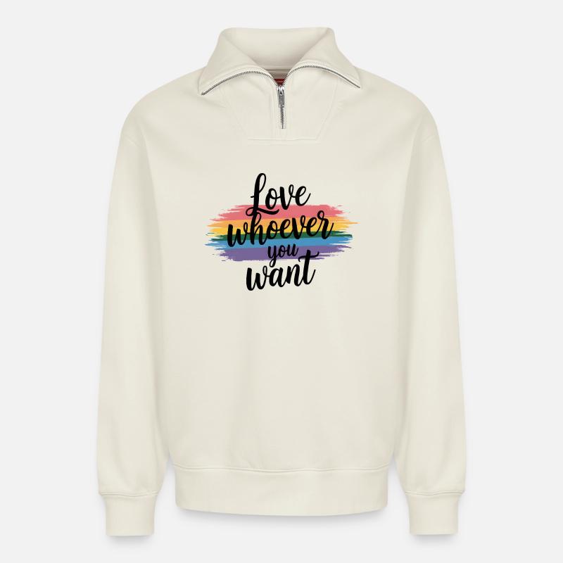 Liebe wem du willst Pride Palette - Relaxed Unisex Organic Half Zip Sweatshirt – von SPREAD - Naturweiß