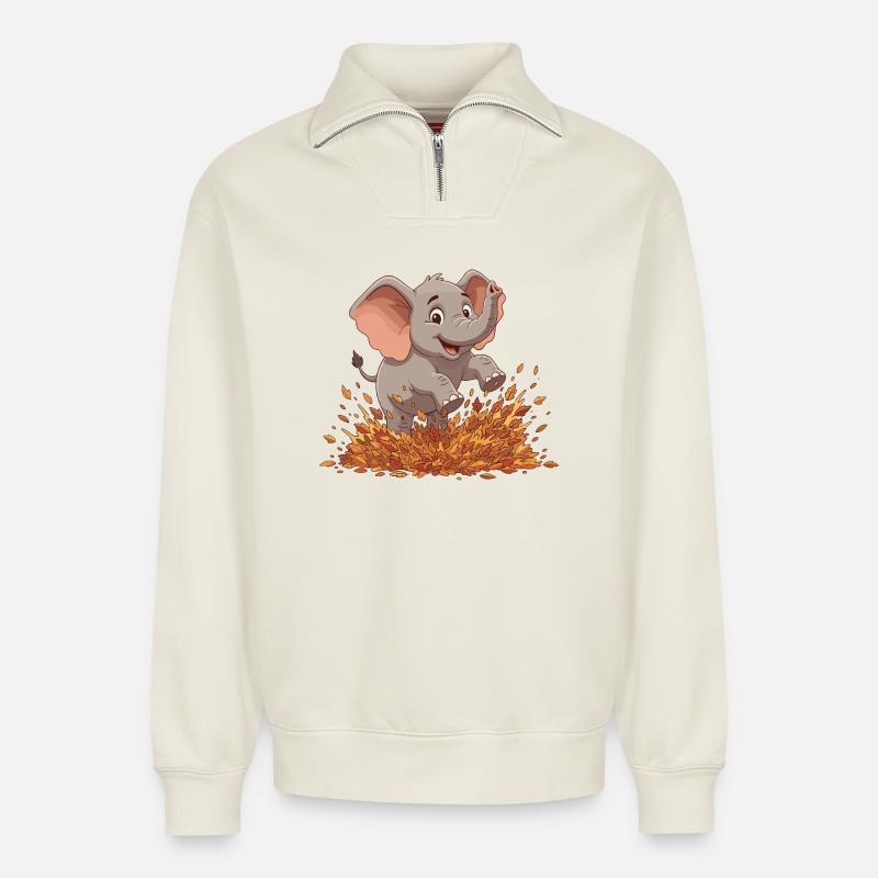 Fröhlicher Elefant im Herbstlaub - Relaxed Unisex Organic Half Zip Sweatshirt – von SPREAD - Naturweiß
