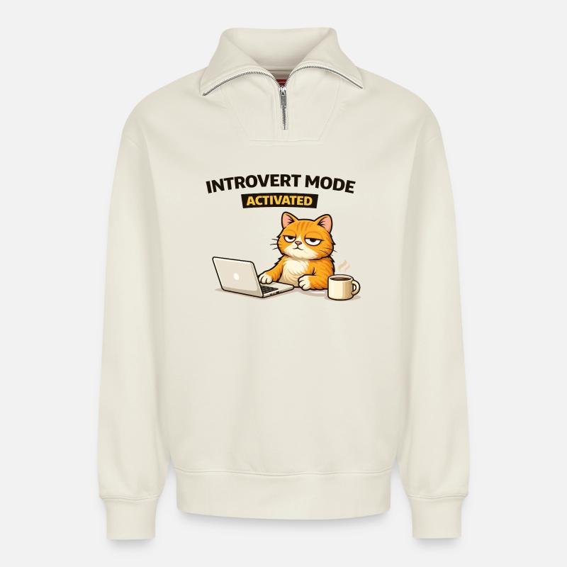 Chat activé en mode introverti - Sweat unisexe décontracté en coton biologique à demi-zip – de SPREAD - blanc cassé