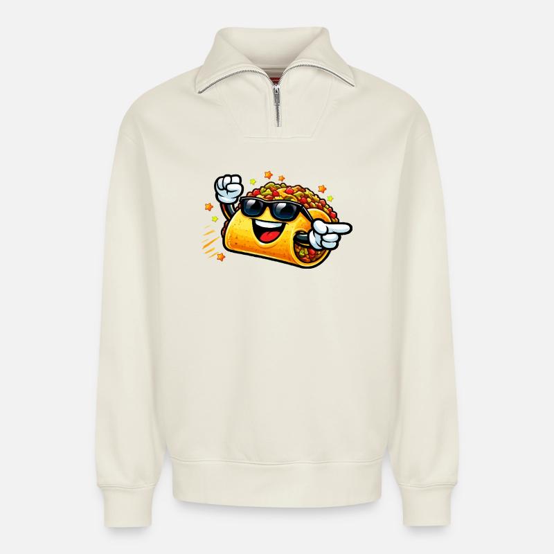 Cooler Taco mit Sonnenbrille - Relaxed Unisex Organic Half Zip Sweatshirt – von SPREAD - Naturweiß