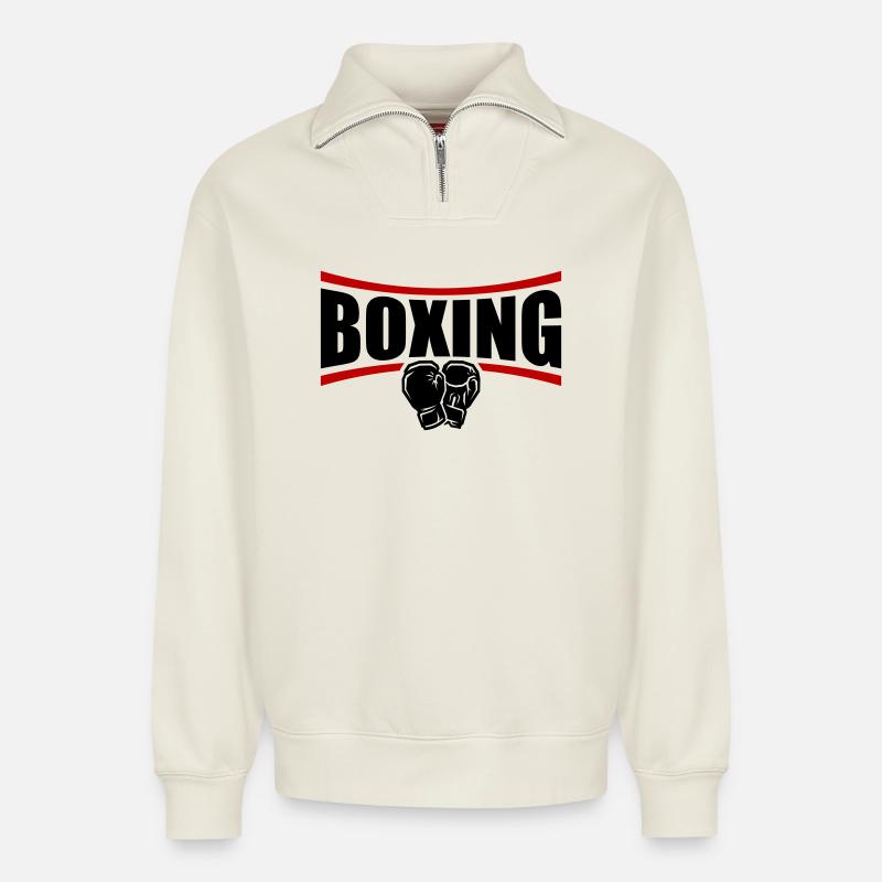 Boîtes de boxe - Sweat unisexe décontracté en coton biologique à demi-zip – de SPREAD - blanc cassé