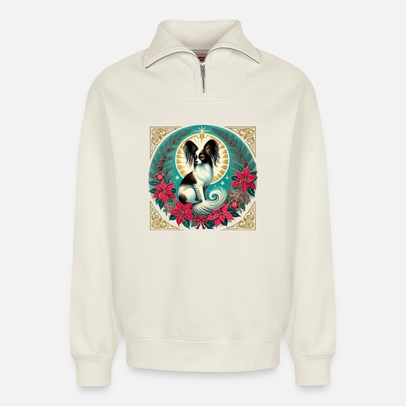 Papillon Halo Weihnachtskreis - Relaxed Unisex Organic Half Zip Sweatshirt – von SPREAD - Naturweiß