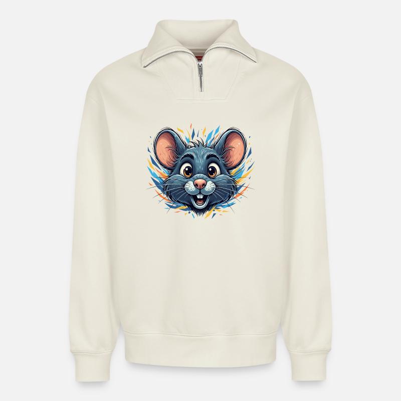 Fröhliche Ratte im Farbfeuer - Relaxed Unisex Organic Half Zip Sweatshirt – von SPREAD - Naturweiß