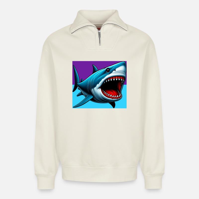 Requin - Sweat unisexe décontracté en coton biologique à demi-zip – de SPREAD - blanc cassé