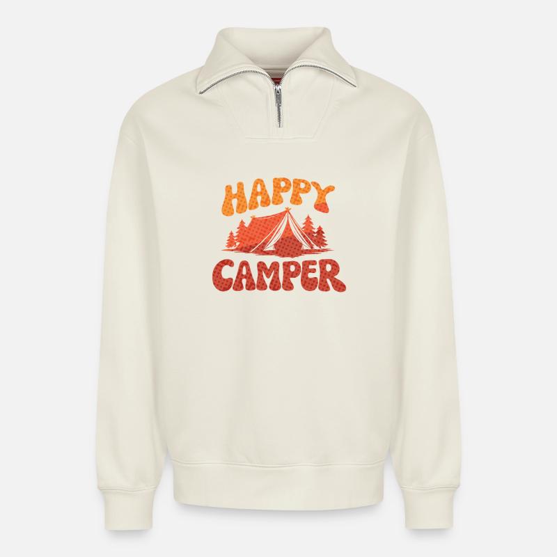 Fröhlicher Camper Lager-Print - Relaxed Unisex Organic Half Zip Sweatshirt – von SPREAD - Naturweiß